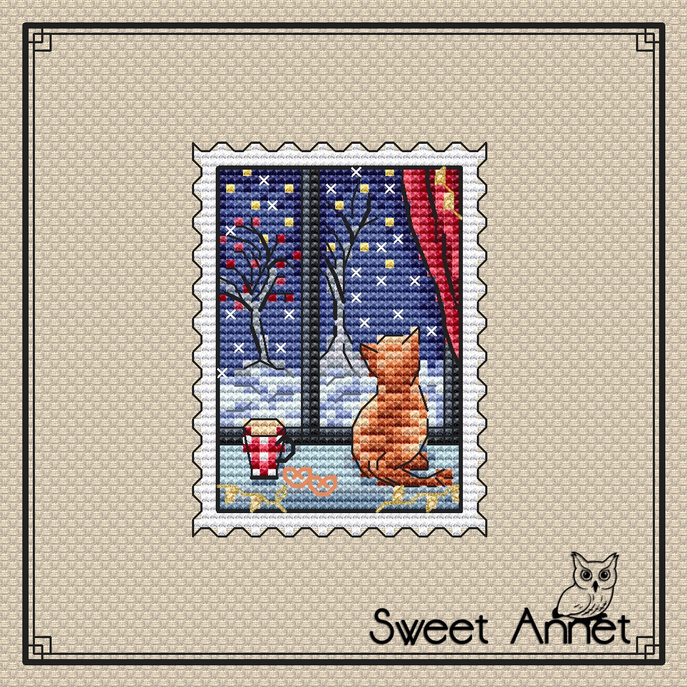 Grille point de croix - Chat à la fenêtre hiver - Sweet Annet