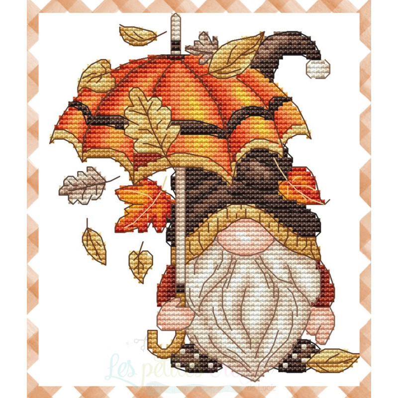 Grille point de croix - Gnome d'automne au parapluie - Les petites croix de Lucie
